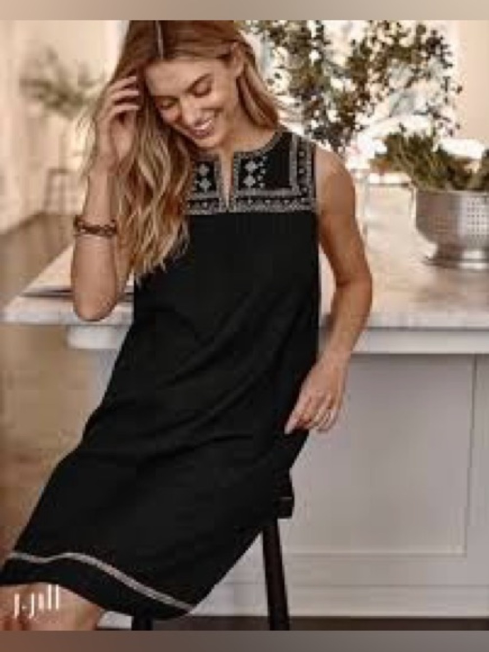 J. Jill 100% Cotton, Embroidered Black Sleeveless Shift Dress - Size Medium